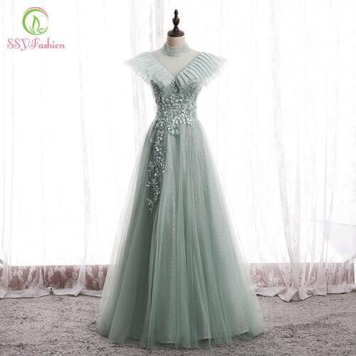 SSYFashion New Sweet Light Green Evening Dress High Neck Floor-length Crystal Beading Prom Formal Party Gown Vestidos De Fiesta