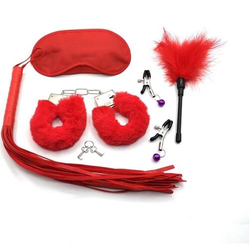 BDSM Flirt Sex Toy Handcuffs,eye mask,breast clip with bell,whip feather five piece set couple SM sex toys