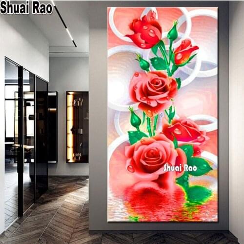 Large Diy diamond painting Red Rose Green leaf diamond embroidery wall pictures full Square round drill mosaic Diamant Flower