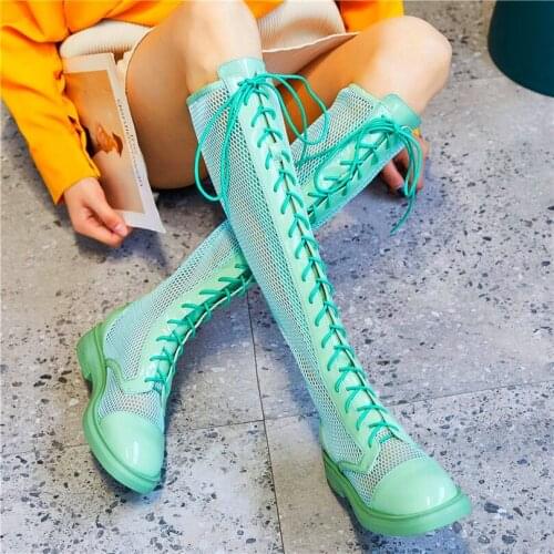 Summer Knee High Boots Womens Leather Sandals Lace Up Flats Round Toe Oxfords Cosplay Party Wedding Shoes