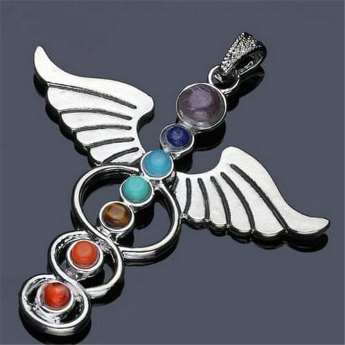Chakras Natural Stone Pendant Angel Wings Health Amulet Fashion 7 Reiki Yoga Jewelry Necklace Pendants Gift