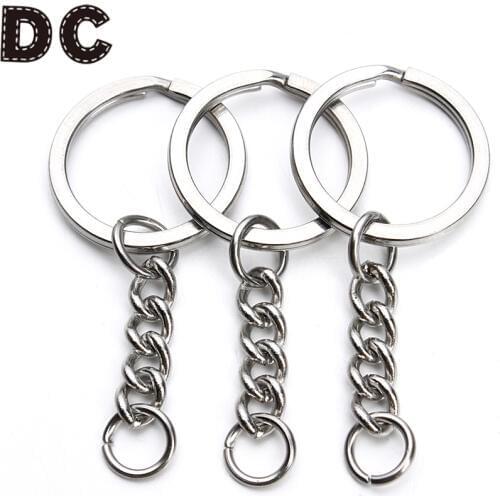 DC 5pcs/lot 316L Stainless Steel Silver Color Key Chain Key Ring With Extender Chains Dia 28mm fit DIY Jewelry Making Compents