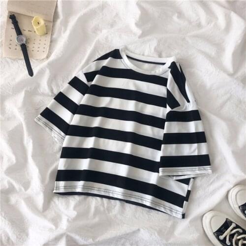 Adult Stripe Woman T-Shirts Round Neck Short Sleeve T-Shirt Loose Summer Tops Plus Size Harajuku Kawaii Elegant Shirts футболка