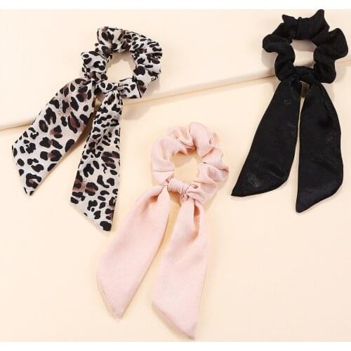 Women Girls Sweet Flower Leopard Print Chiffon Bow Hair Scrunchies Vintage Rubber Band Hair Scarf Elastic Pony Hair Accessories