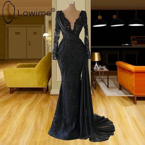 Dubai Black Long Sleeve Mermaid Evening Dresses V Neck Pearls Lace Evening Gowns Custom Made Long Formal Dresses
