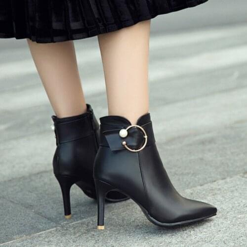 PXELENA Elegant Office Ladies Ankle Boots Pointed Toe Buckle Beads Stiletto Thin High Heels Boots Women Shoes White Black Yellow