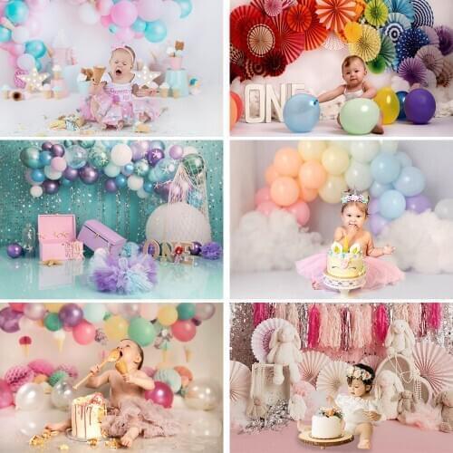 Kids Cake Smash 1st Birthday Pink Balloons Backdrop Baby Party Background Chid Portrait Toys Decorations Girl Floral Photostudio
