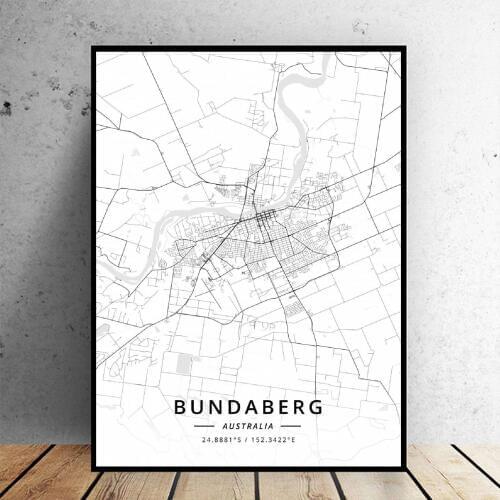 Bundaberg Bunbury Coffs harbour Sunshine cost Tweed heads Australia Map Canvas Art Poster