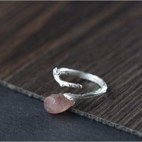 FNJ 925 Silver Strawberry Quartz Ring Original Pure S925 Sterling Silver Rings for Women Jewelry Open Adjustable Size