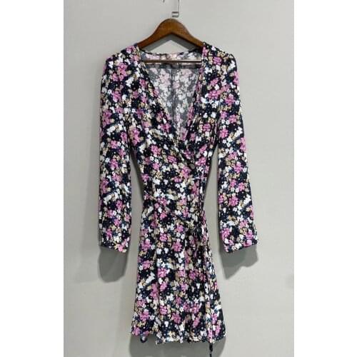 Women Ladies Early Spring Floral Printed Wrap V Neckline Long-sleeve Short Mini Dress