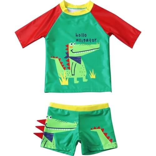 Baby Boy Swimming Suit Short, Short Sleeve Round Collar Tops 2pcs Sports Casual Beach Wear Dinosaur Pattern Swimwear Summer