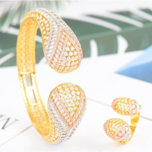 LARRAURI 2PCS Dubai African Wedding Jewelry Sets Luxury CZ Zircon Geometric Bracelets/Ring For Women Jewelry Sets Accessories