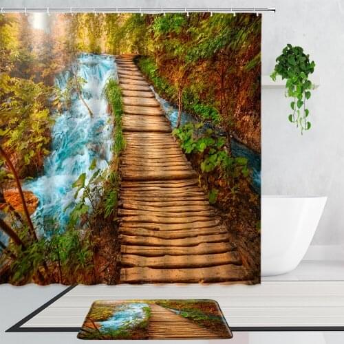 Forest Stream Water Wooden Corridor Scenery Shower Curtain Fallen Leaves Jungle Natural Landscape Bathroom Set Non-Slip Carpet