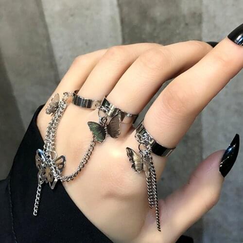 Fashion Hip-hop Dark Wind Butterfly Chain Ring Tassel Set Opening Adjustable Ring Punk Style Personality Three-ring Ring Female