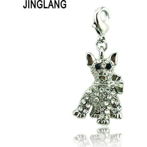 JINGLANG Fashion Lobster Clasp Charms Silver Color Animal Pendants White Rhinestone Dog Charms Jewelry Making DIY Accessories