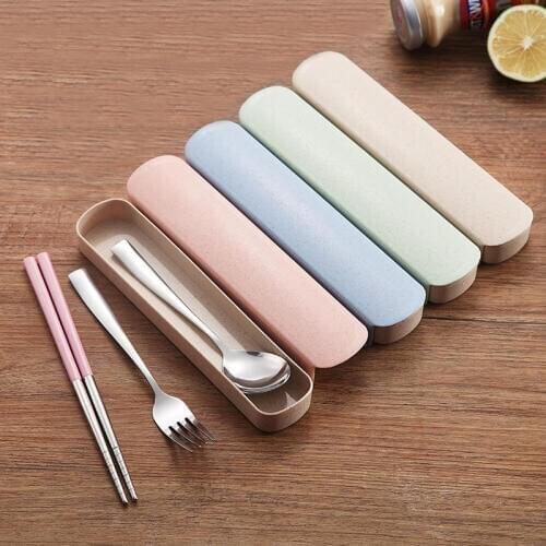 School Travel Picnic Lunch Stainless Steel Tableware Set Food Sticks Wheat Straw Cutlery Set Reusable Kids 3 Pcs Portable Adult