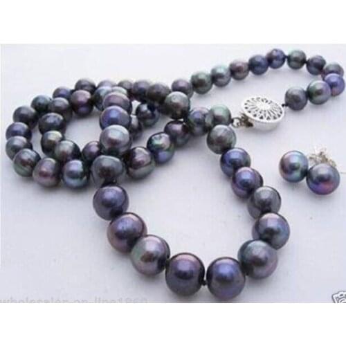 Genuine 7-8mm Black akoya cultured pearl necklace 18'' +925 Silver Stud Earrings