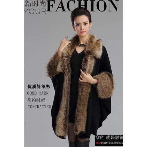 Autumn and winter new Faux Fur Poncho loose imitation fox fur collar large code knitted cardigan striped Cape coat