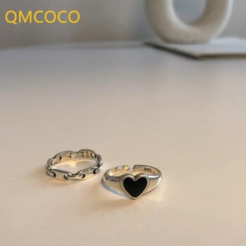 QMCOCO INS Fashion 925 Silver Rings For Women Couples Vintage Handmade Black LOVE Heart Birthday Party Jewelry Gifts