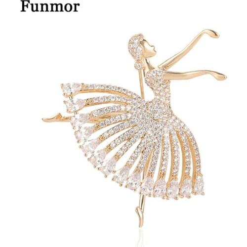 Funmor Luxury Ballet Girl Copper Brooch AAA Zircon Jewelry For Women Dancer Banquet Performance Accessories Lapel Bag Ornaments