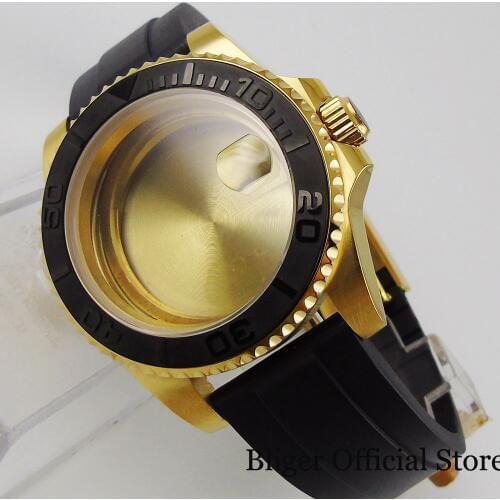 Luxury Gold Coated 40mm Watch Case + Rubber Strap with Gold Buckle Fit DG MINGZHU 2813 MIYOTA 8215 Movement