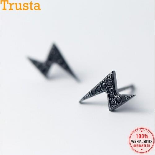 Trusta 100% 925 Sterling Silver Womens Fashion Black Lightning 10mmX6mm Stud Earrings Gift For Girls Daughters Gift DS275