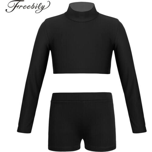 Kids Sets Long Sleeves Crop Top V-front Waistband Shorts Bottoms Girls Ballet Gymnastics Dance Performance Workout Sports Suits