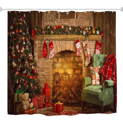 Vintage Xmas Holiday Decoration Eve New Year Fireplace Art Print Bath Curtain Red Brown