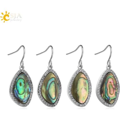 CSJA Natural Dangle Hook Rhinestone CZ Crystal Earrings Abalone Shell Bead Pendant New Zealand Earring Women Hanging JewelryG744