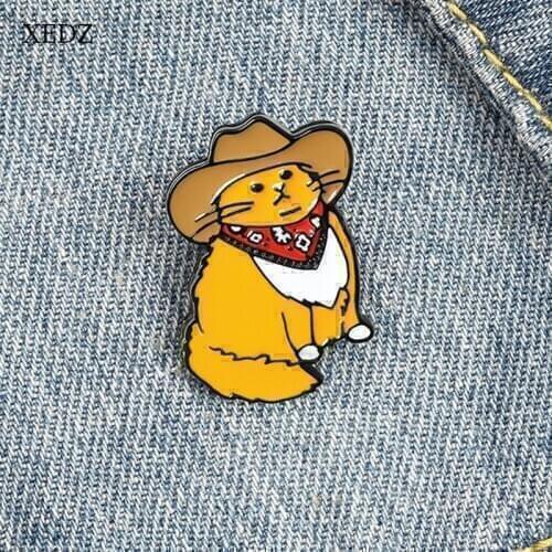 XEDZ Cartoon Western Cowboy Yellow Cat Enamel Brooch Fashion Cute Cat Animal Collection Badge Costume Decoration Children Gift