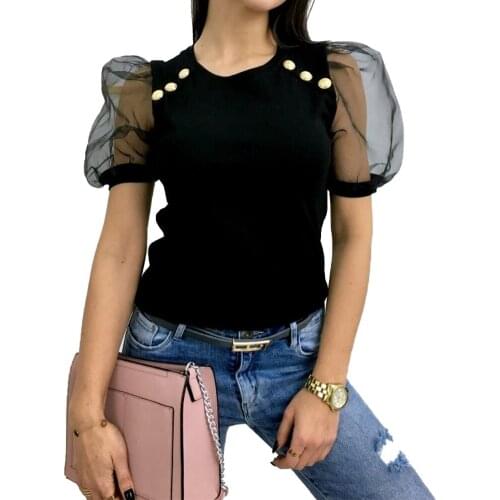 Women Summer Short-sleeved Shirt Fashion Metal Button Decorated Sexy Mesh Gauze Sleeve Top