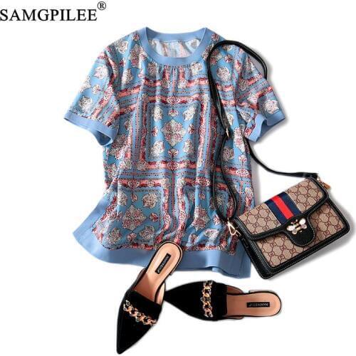Vintage Tshirt Women Loose Short-sleeved Print T-shirt Casual O-neck Polyester Top Plus Size Shirt Ropa Mujer Chiffon Tshirt