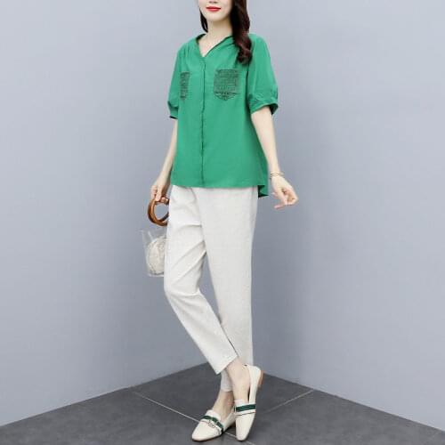 2021 Summer Womens 2Pcs V-neck Blouse+Pants Office Lady Lace Pocket Two Pieces Set Casual Loose Fashion Tops And Trousers Sets
