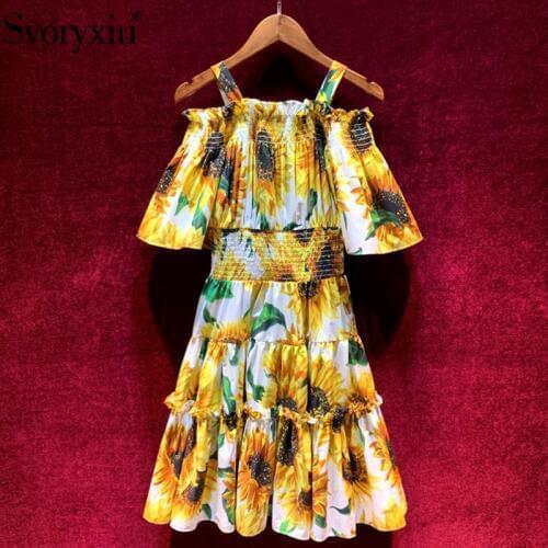 Svoryxiu Runway Summer Sunflower Printed Cotton Dress Womens Sexy Off Shoulder Beach Holiday Ruffles Spaghetti Strap Dresses