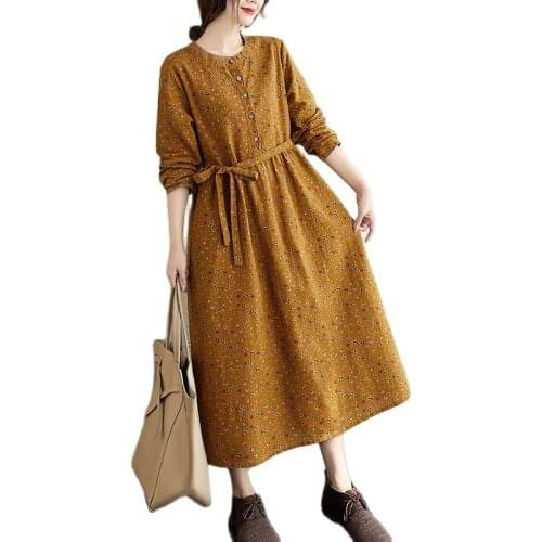 Summer 2021 Art Nouveau Retro Print Loose and Elegant Long Sleeve A-line Midi Dress for Ladies