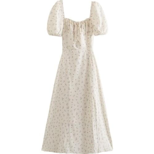 New Dress Women Floral Printed Vintage Dress Puff Sleeves Casual Chic Lady Midi dress Women