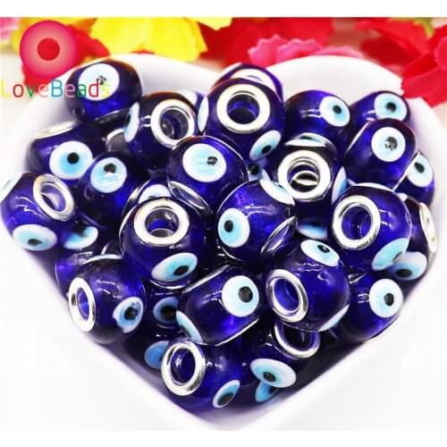 10Pcs Evil Eye Blue Color Rondelle Murano Lampwork Glass Large Hole Spacer Beads Fit Pandora Bracelet Pendant Charms DIY Jewelry