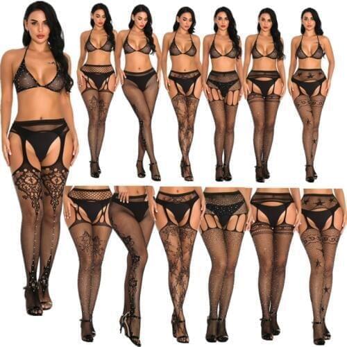 2020 Crystal Sexy Set Sexy lingerie Women Sparkle Diamond Mesh Fishnet Net Pattern Pantyhose Crystal Rhinestone Tights Hot Sale