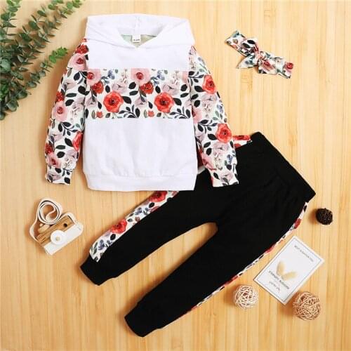 3pcs Children Girls Autumn Cotton Clothes Sets,girls Floral Splicing Long Sleeves Hoodie+casual Pants+hairband,18months-6years