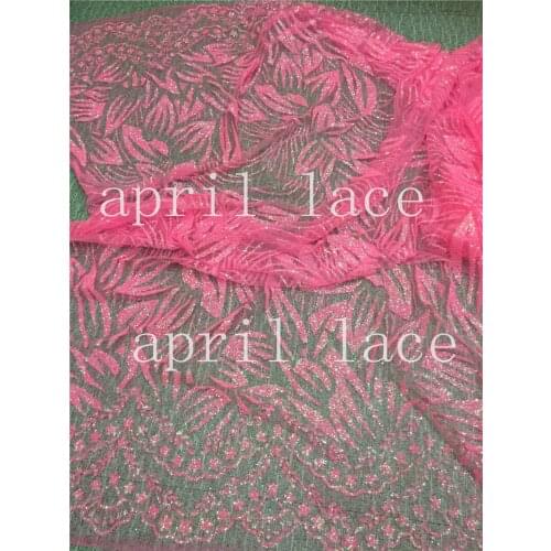 Ap204 # 5 yards pink flower romantic hand print glued glitter net tulle mesh sugar lace fabric for sawing dress