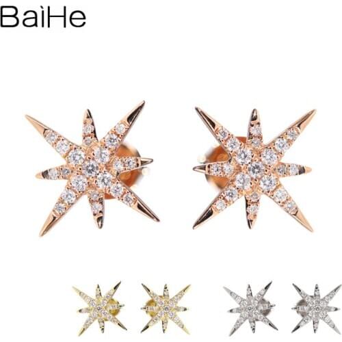 BAIHE Solid 14K Rose/White/Yellow Gold 0.14ct Natural Diamond Earrings Women Trendy Fine Jewelry Stars Stud серьги 2020 тренд