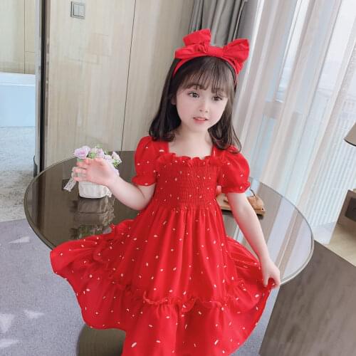 2021 Red Puff Sleeve Low-necked Polka Dot Bow Dress For Girls Wedding Festival Dress Summer Hollow White Clothdren For Children