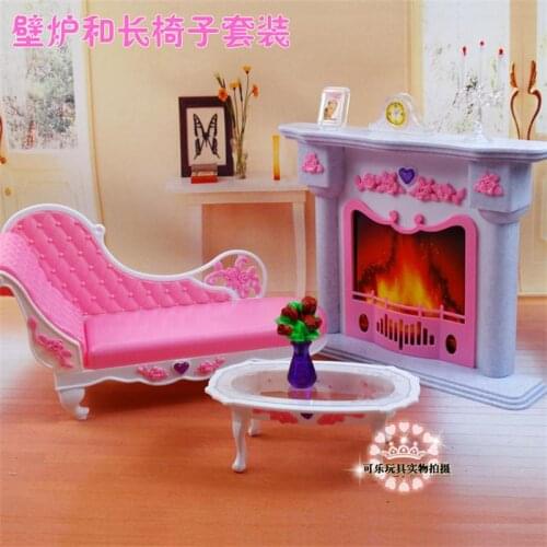 For Barbie Doll Furniture Accessories Toy Fireplace Chaise Sofa set Tea Table Chair Lamp Store Gift Girl DIY