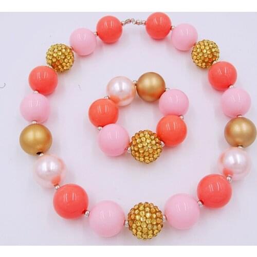 Girls Child Toddler Orange+Gold+Pink Halloween costume Coseplay Outfits Chunky Rhinestone Beads Bubblegum Necklace Bracelet Sets