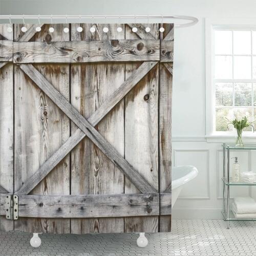 Door Plank Wooden Wall of Old Barn Wood Hinges Shower Curtain Waterproof Polyester Fabric 72 x 72 inches Set with Hooks