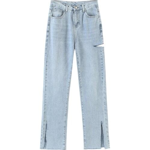 JC·KILIG Split Jeans Straight Leg Loose Thin 2021 Spring and Autumn High Waist Slim Nine Cent Pipe Pants L9573