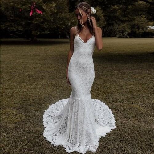 Elagant Embroidery Mermaid Wedding Dress Sexy Spaghetti Straps V-neck Backless Bridal Dress Crochet Wedding Gown Lace 2020