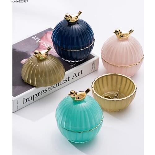European Stained Glass Storage Jar Golden Bird Jewelry Candle Cotton Swab Storage Box Household Delicate Storage Jar Home Decor