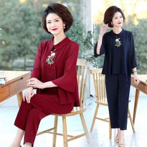 Suit Mothers spring Long Sleeve Chiffon small shirt broad lady noble shirt middle aged and old women spring and autumn two