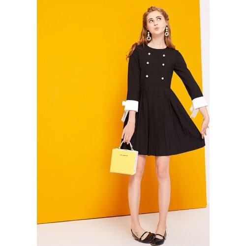 Small Fragrant Dress Female 2017 New Womens Korean Thin Black Winter Long Sleeved with bow A-line Dress